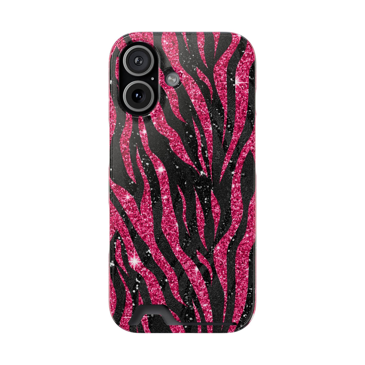 Pink Glitter Zebra phone case with card holder for iPhone 17, glossy finish
