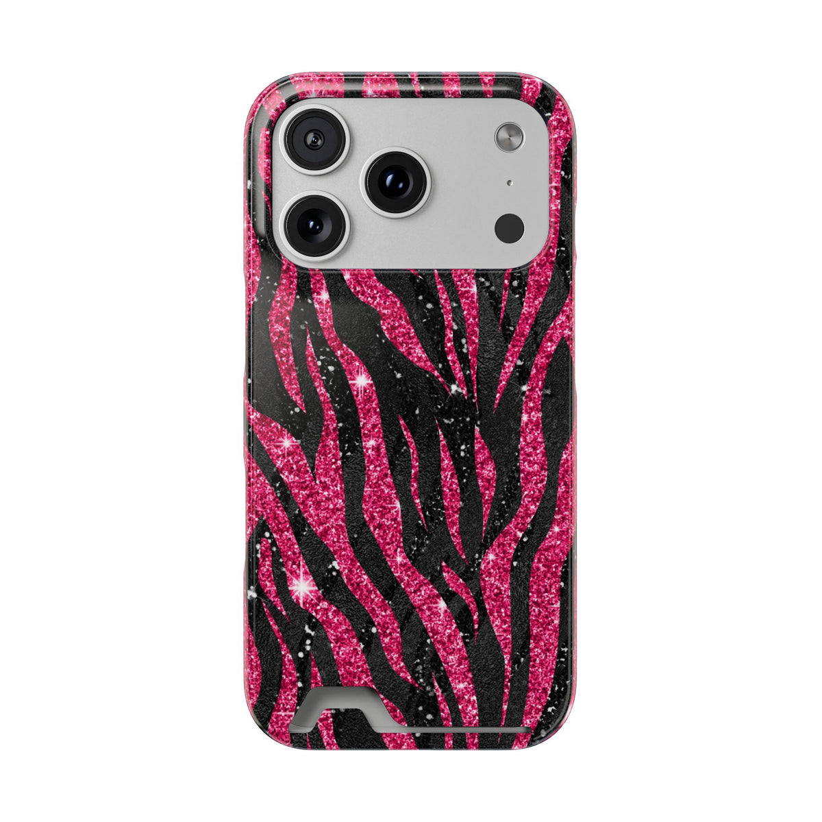 Pink Glitter Zebra phone case with card holder for iPhone 17 Pro, glossy finish