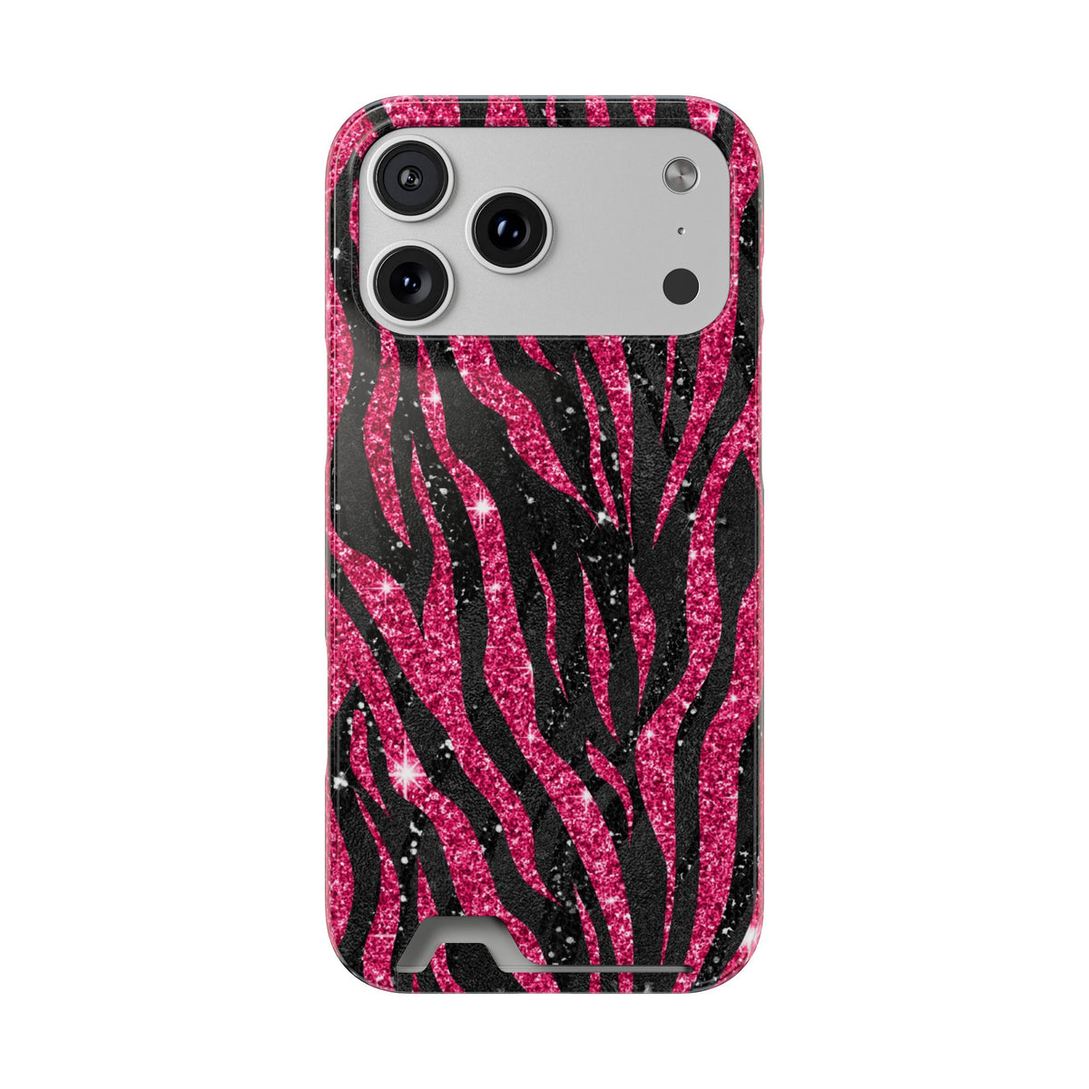 Pink Glitter Zebra phone case with card holder for iPhone 17 Pro Max, glossy finish