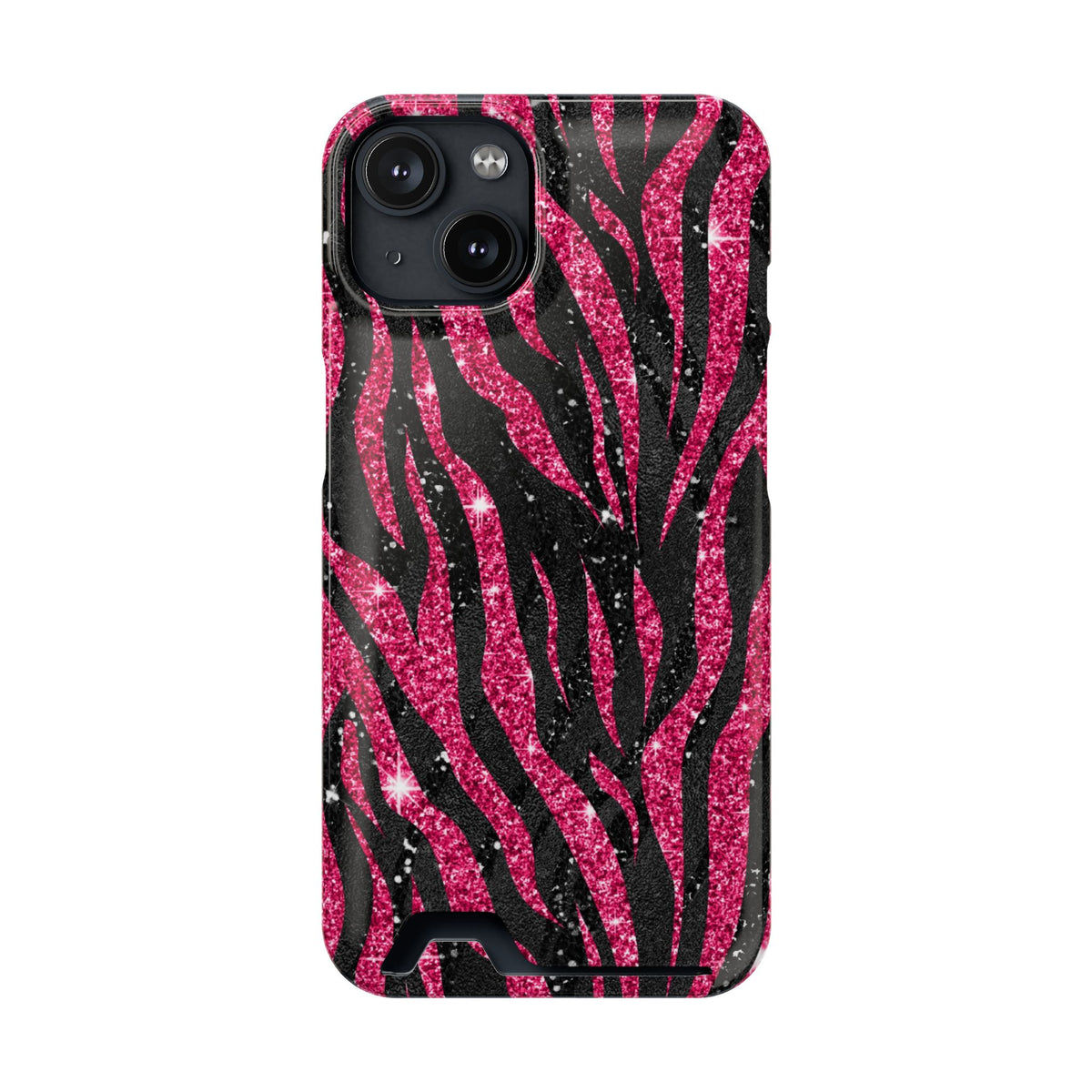 Pink Glitter Zebra phone case with card holder for iPhone 14, glossy finish