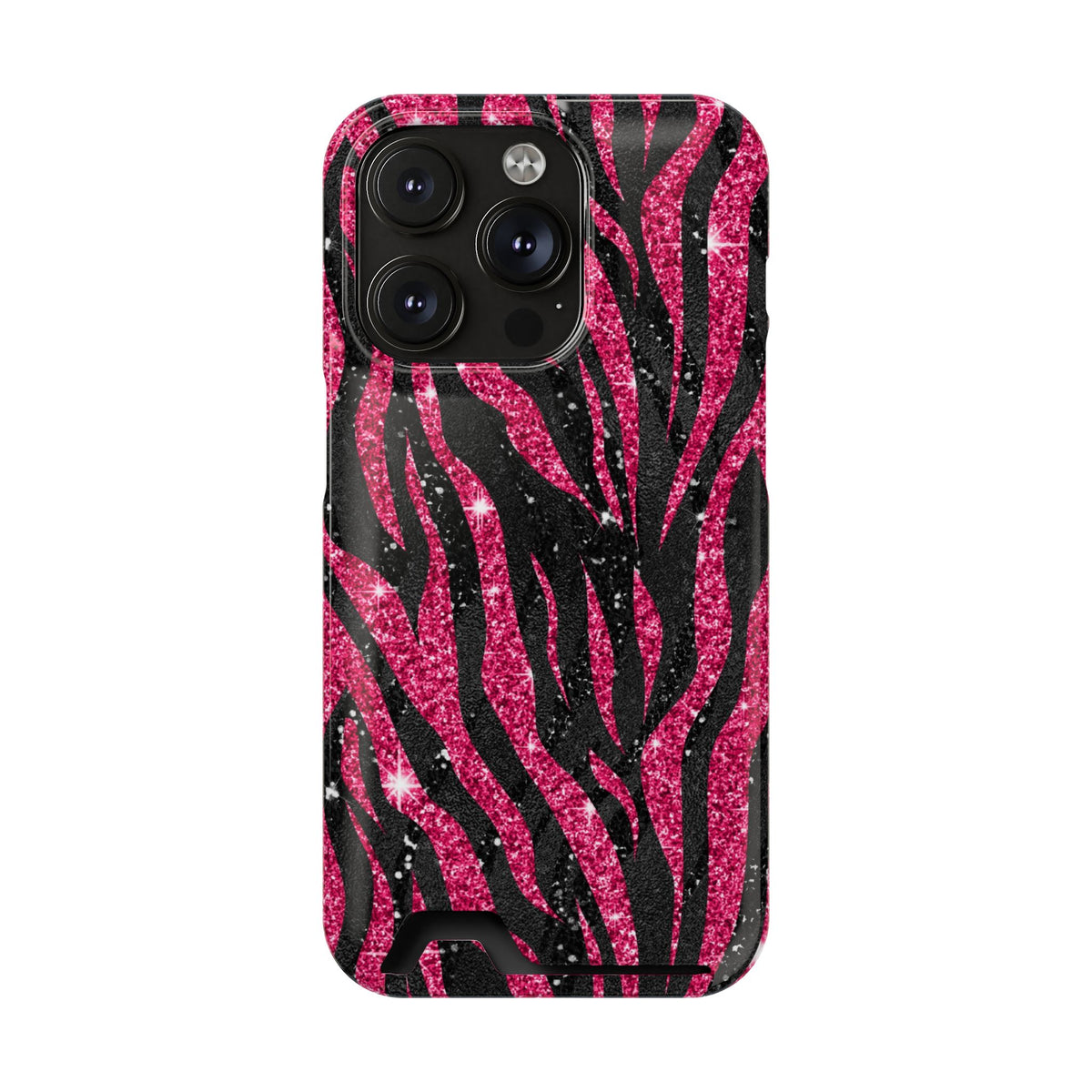 Pink Glitter Zebra phone case with card holder for iPhone 14 Pro, glossy finish