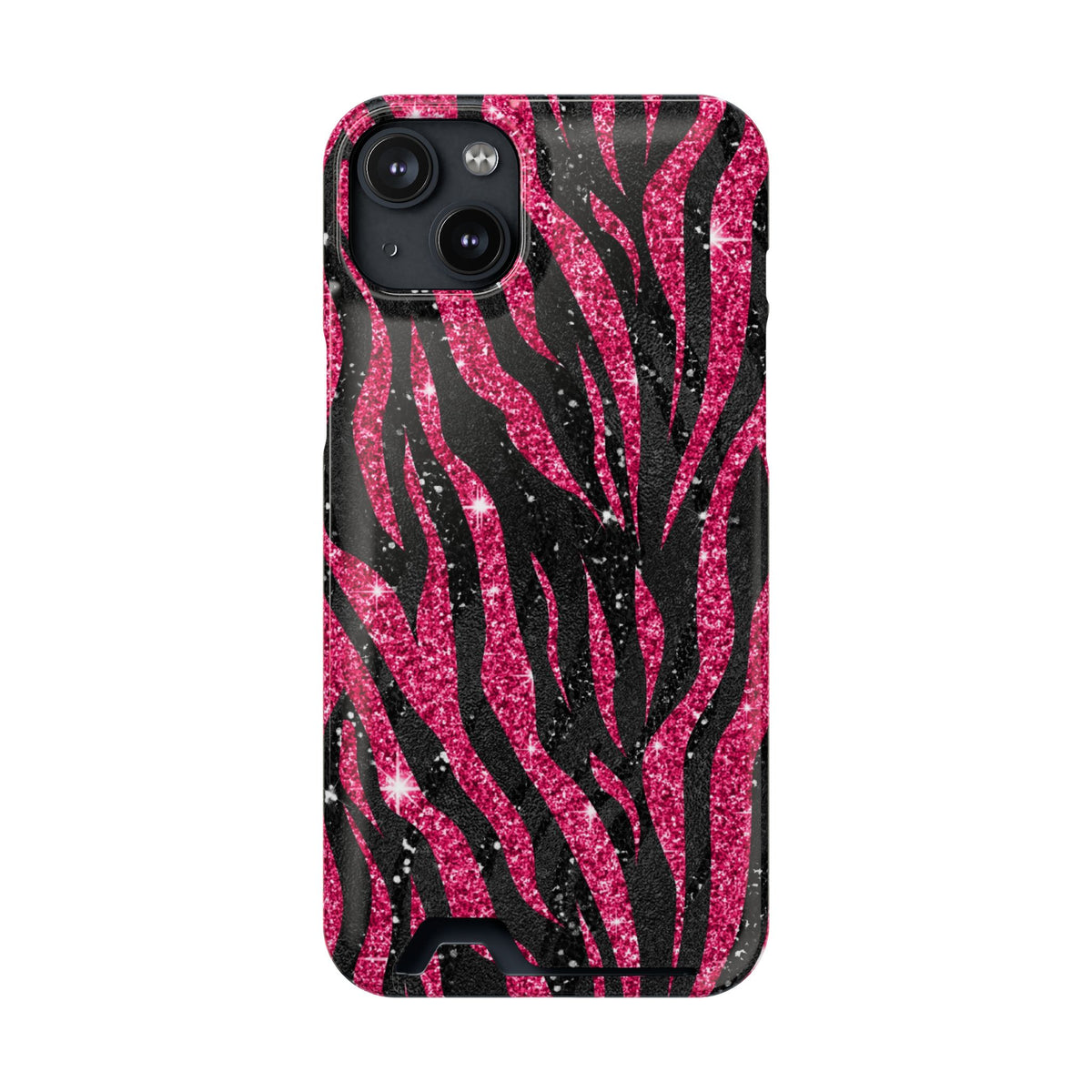 Pink Glitter Zebra phone case with card holder for iPhone 14 Plus, glossy finish