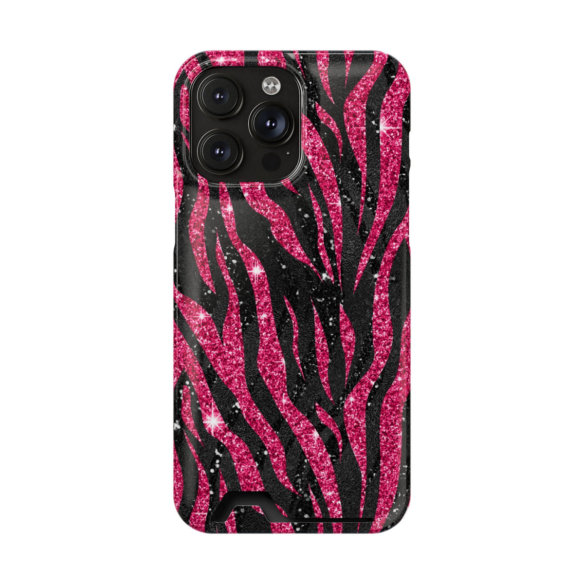 Pink Glitter Zebra phone case with card holder for iPhone 14 Pro Max, glossy finish