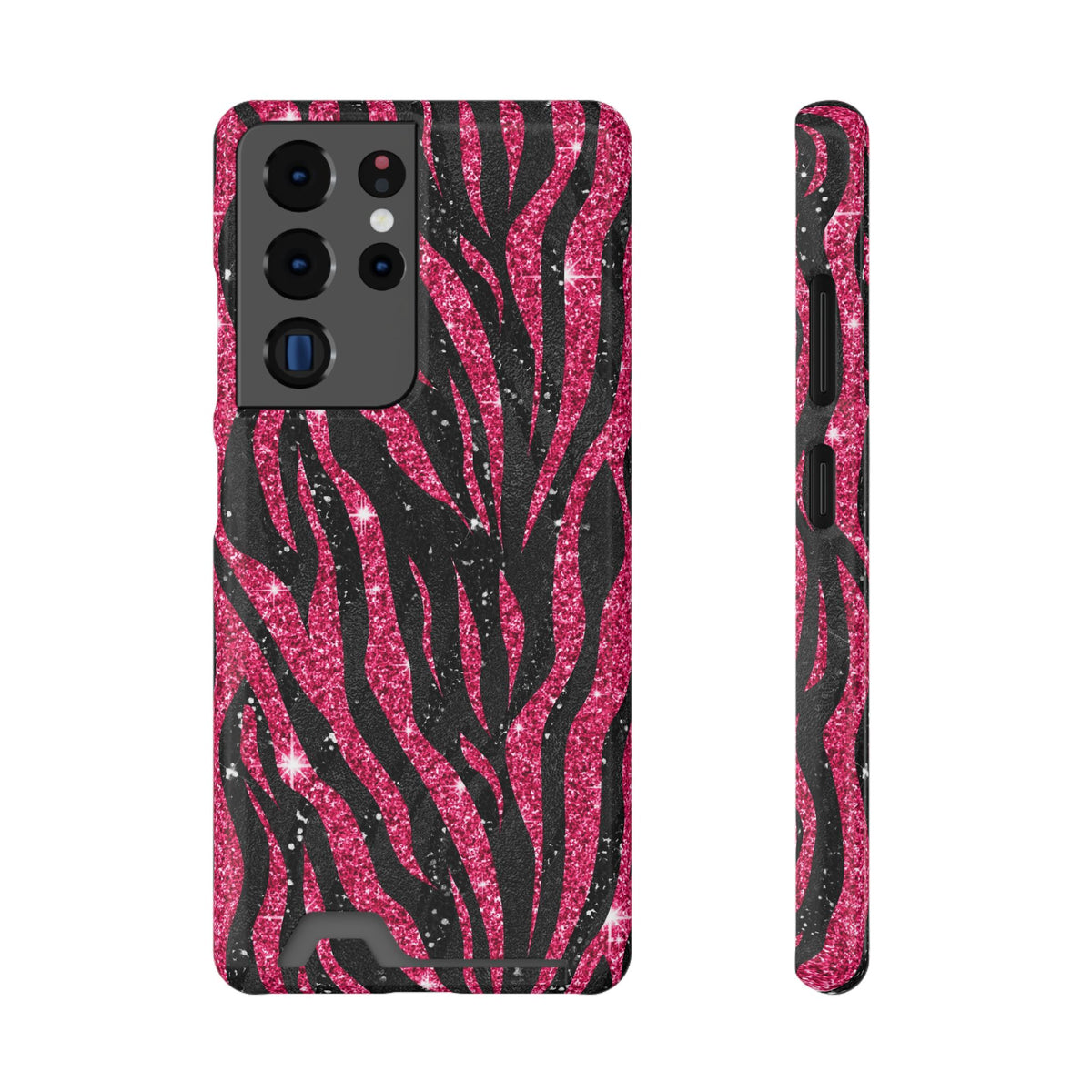 Pink Glitter Zebra phone case with card holder for Samsung Galaxy S22 Plus, glossy finish