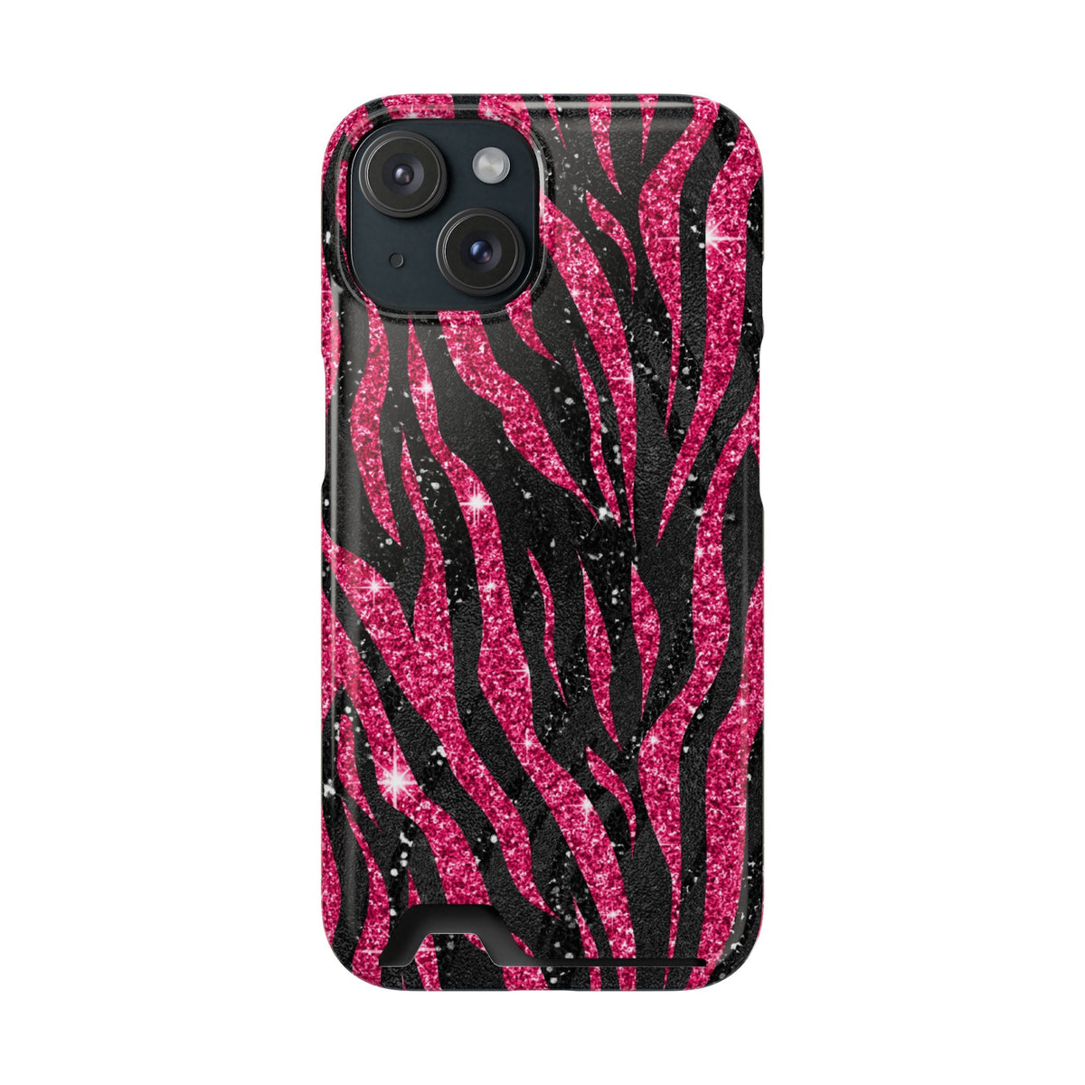 Pink Glitter Zebra phone case with card holder for iPhone 15, glossy finish