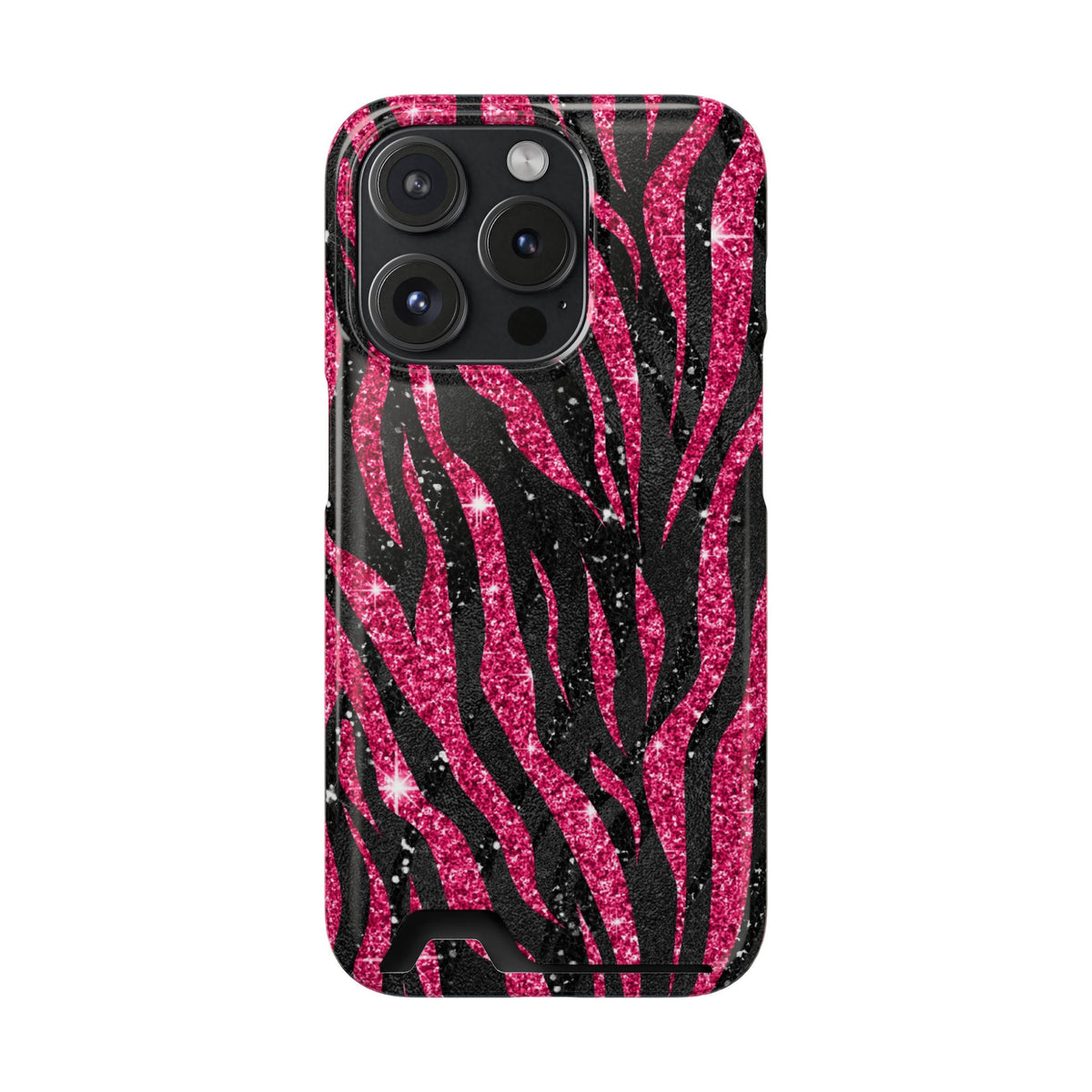 Pink Glitter Zebra phone case with card holder for iPhone 15 Pro, glossy finish