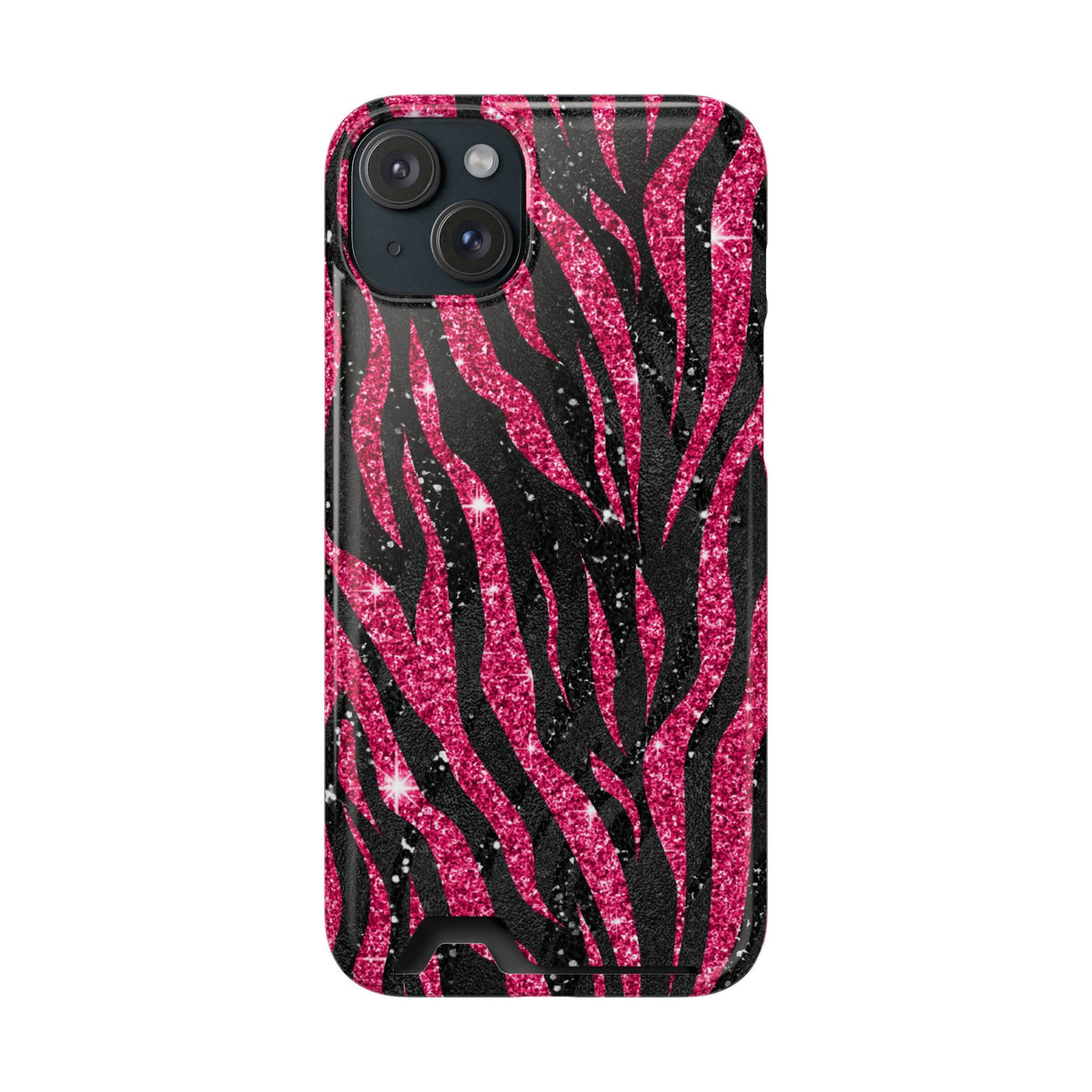 Pink Glitter Zebra phone case with card holder for iPhone 15 Plus, glossy finish