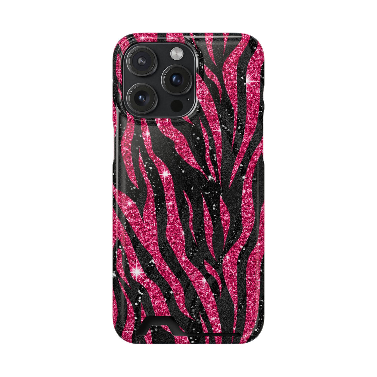 Pink Glitter Zebra phone case with card holder for iPhone 15 Pro Max, glossy finish