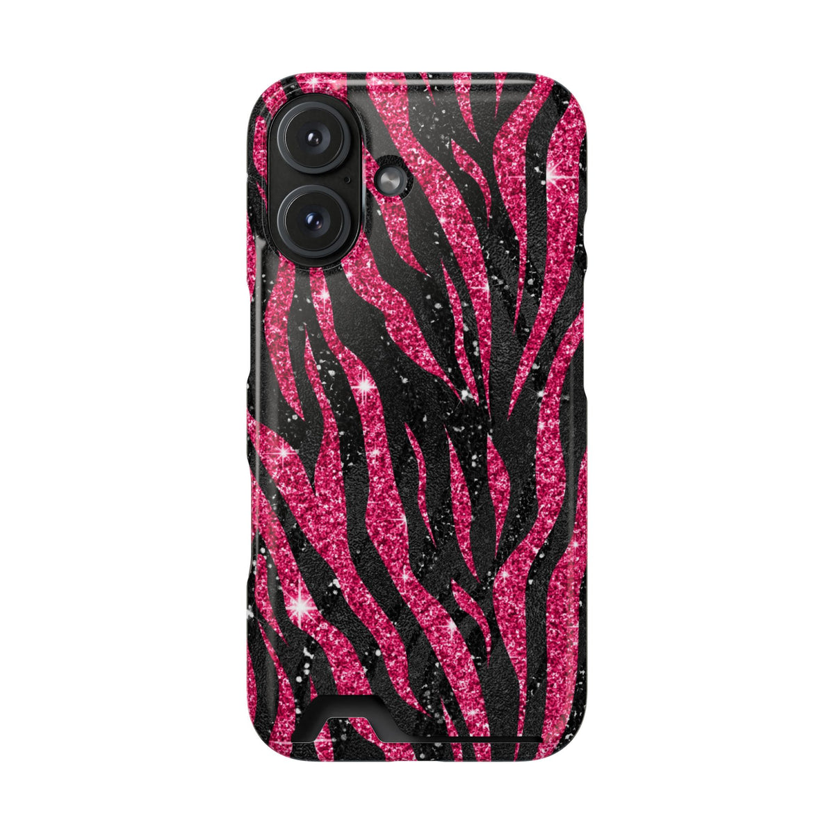 Pink Glitter Zebra phone case with card holder for iPhone 16, glossy finish