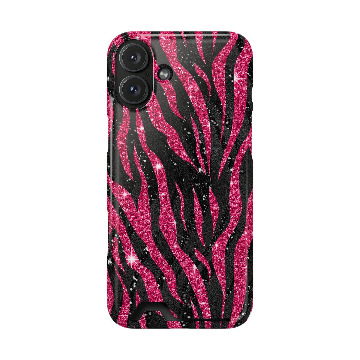 Pink Glitter Zebra phone case with card holder for iPhone 16 Plus, glossy finish