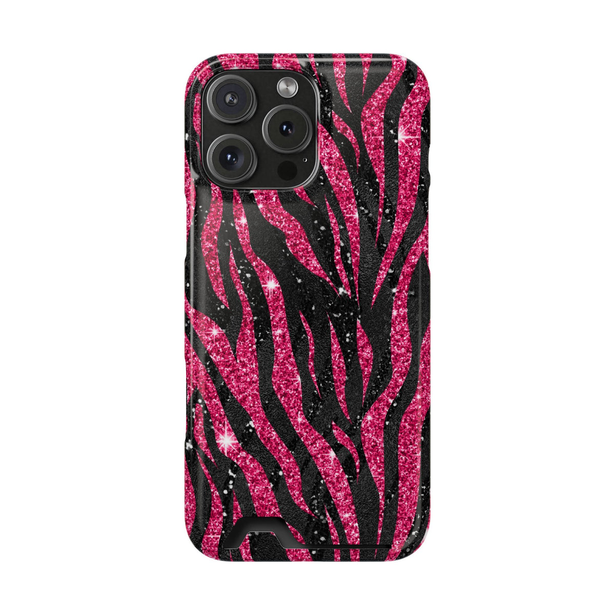 Pink Glitter Zebra phone case with card holder for iPhone 16 Pro Max, glossy finish