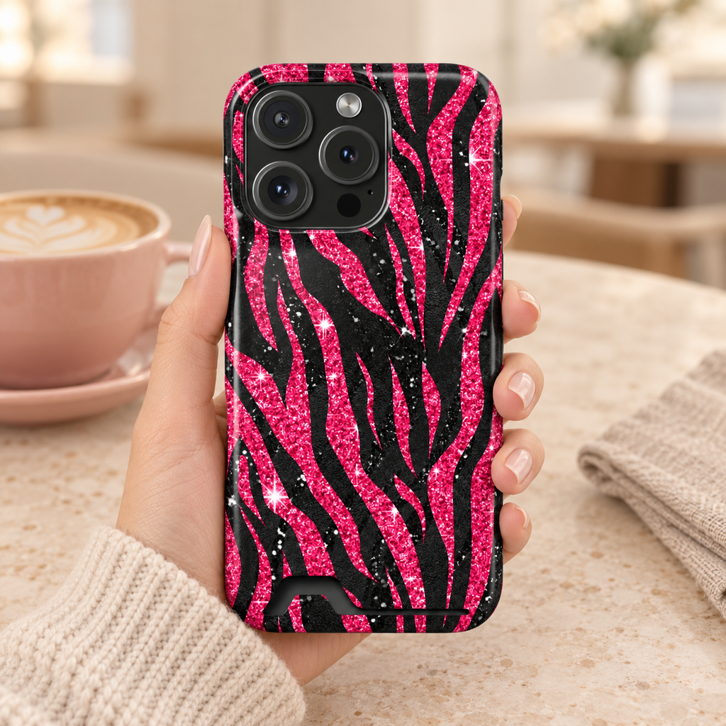 Pink Glitter Zebra phone case with card holder, hot pink glitter zebra stripes on black, lifestyle photo in hand with coffee