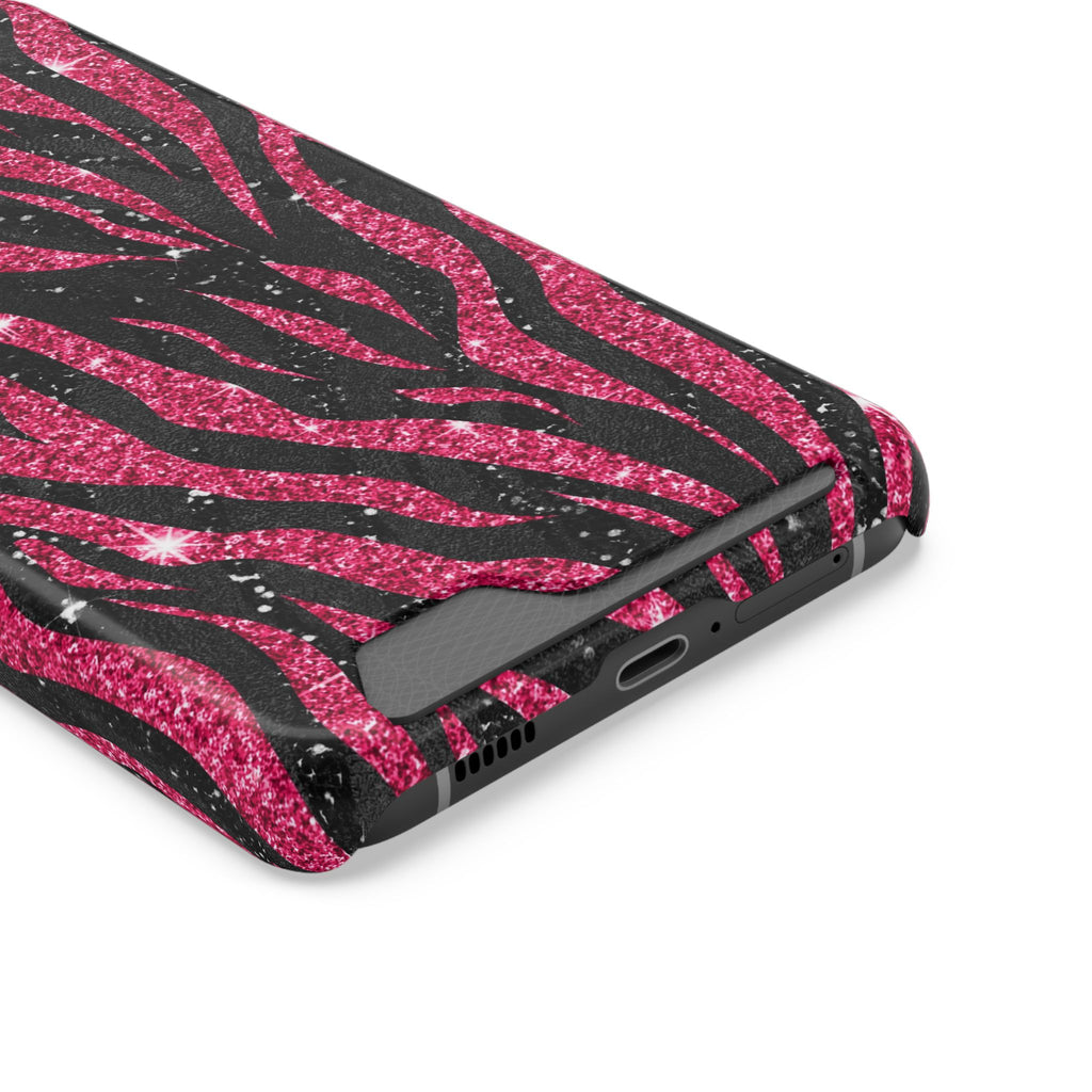 Pink Glitter Zebra phone case with card holder, close-up of the card slot