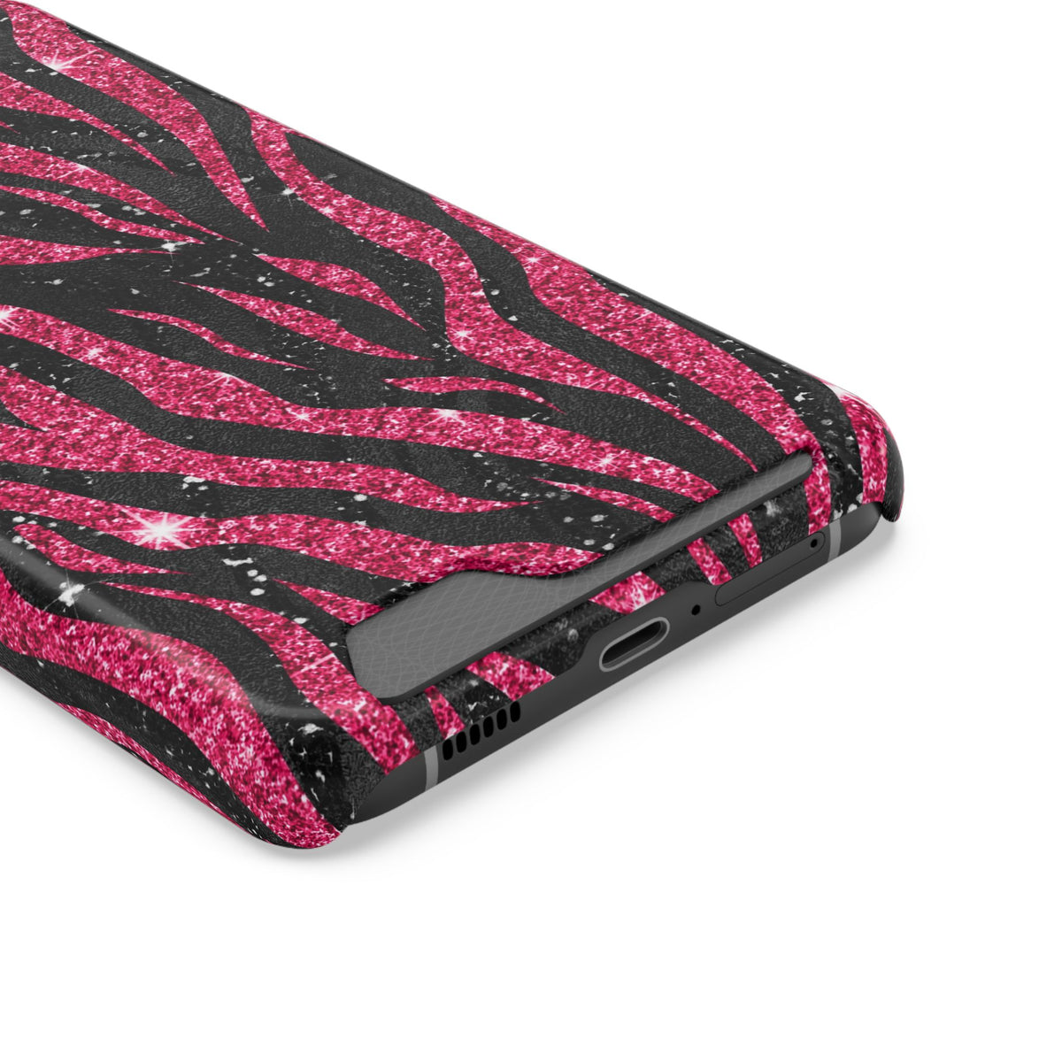 Pink Glitter Zebra phone case with card holder, close-up of the card slot