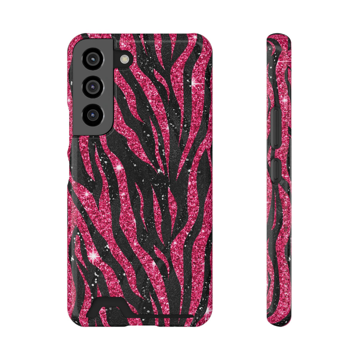Pink Glitter Zebra phone case with card holder for Samsung Galaxy S22, glossy finish