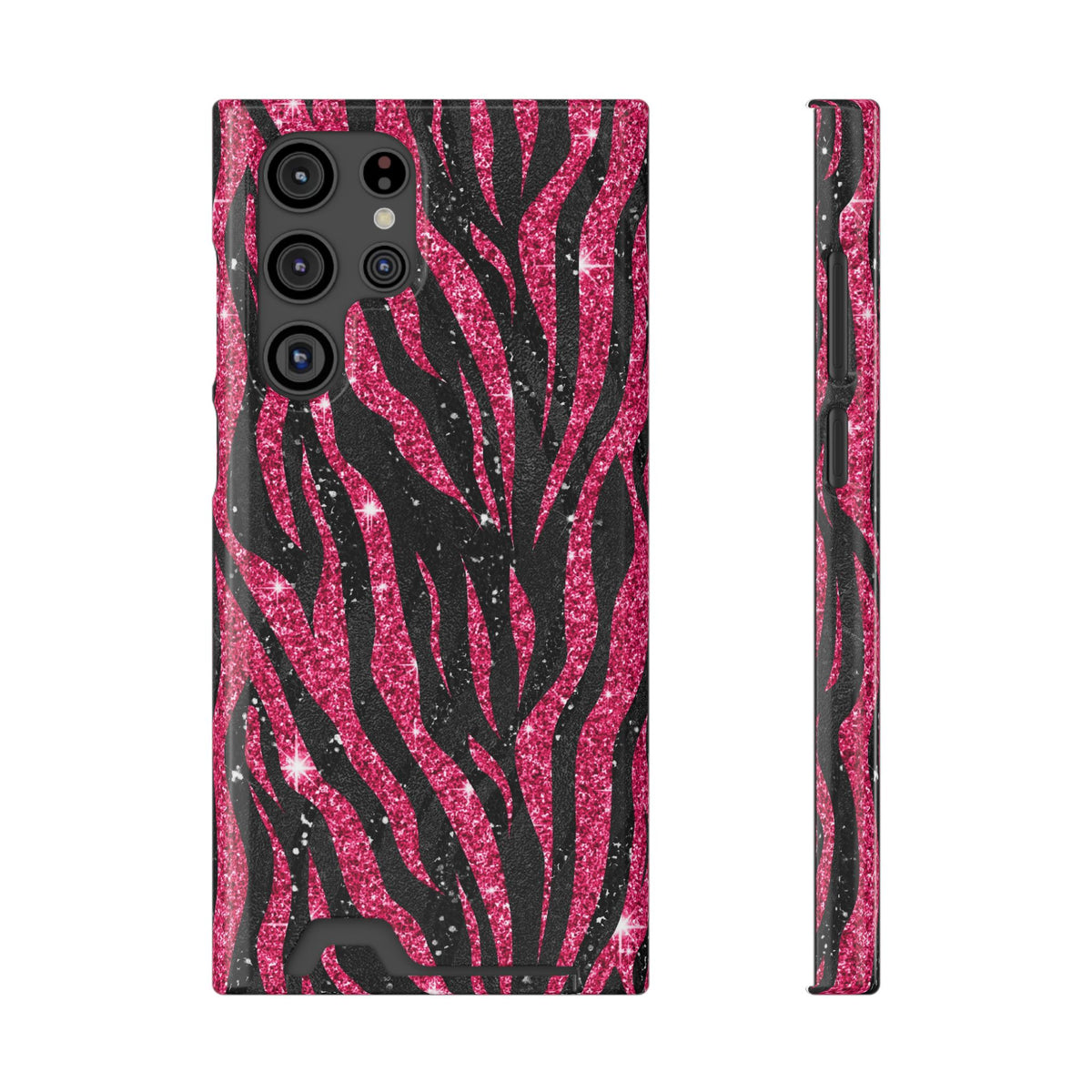 Pink Glitter Zebra phone case with card holder for Samsung Galaxy S22 Ultra, glossy finish