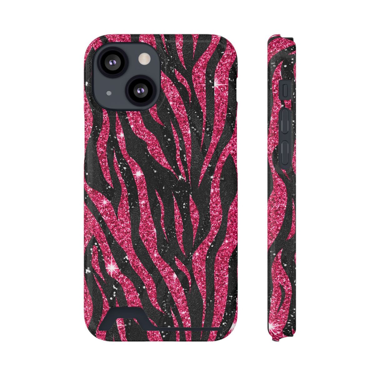 Pink Glitter Zebra phone case with card holder for iPhone 13 Mini, glossy finish
