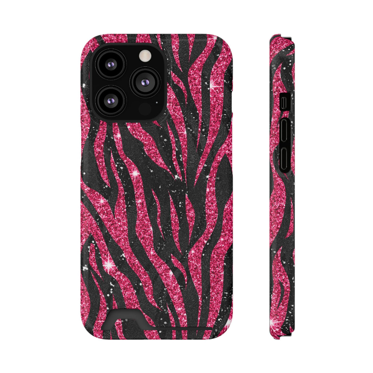 Pink Glitter Zebra phone case with card holder for iPhone 13 Pro, glossy finish