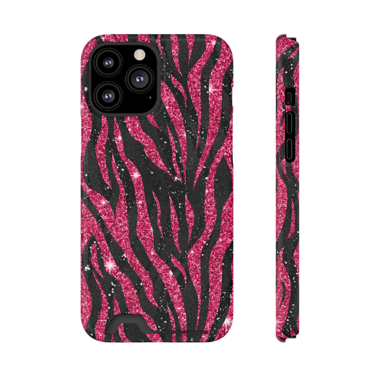 Pink Glitter Zebra phone case with card holder for iPhone 13 Pro Max, glossy finish