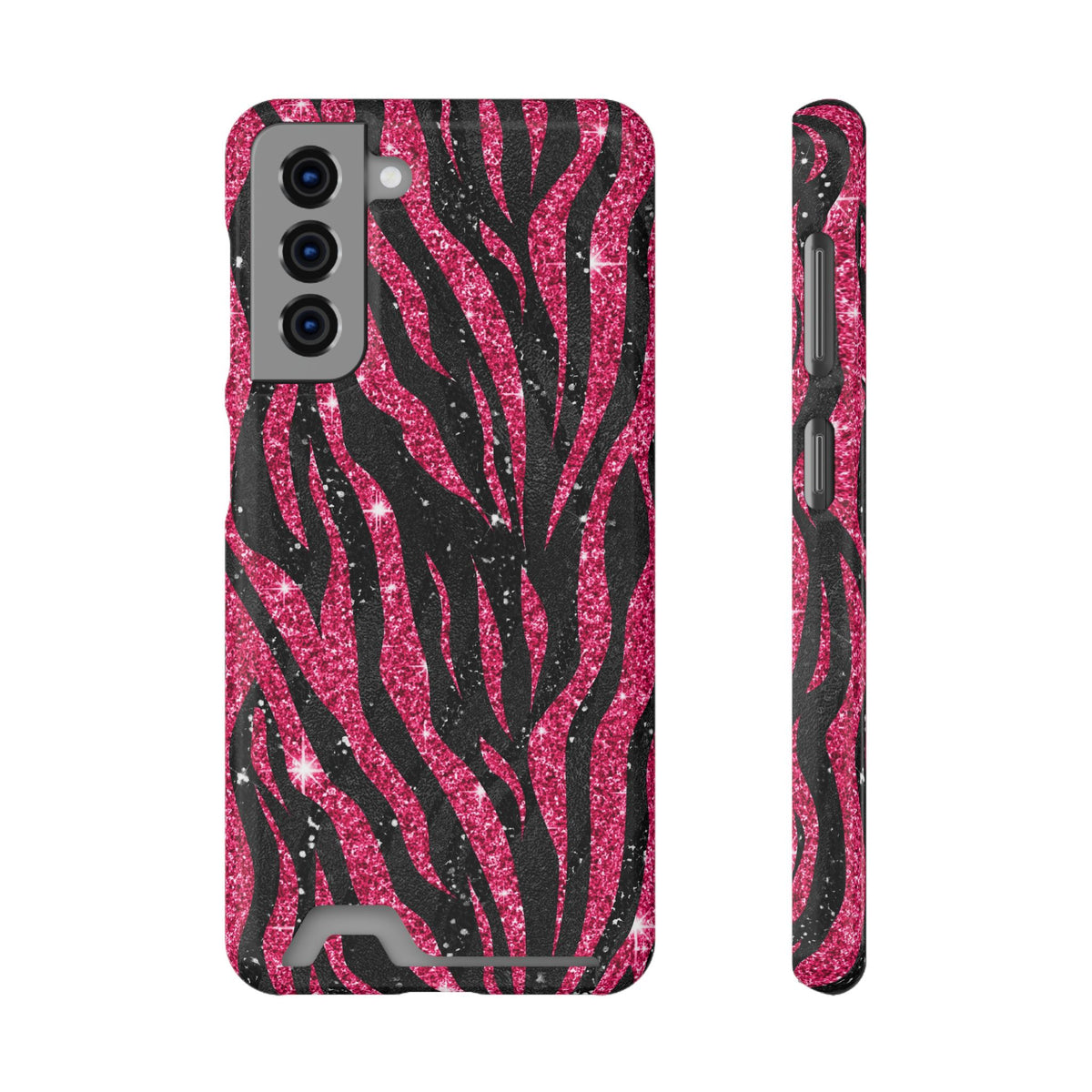 Pink Glitter Zebra phone case with card holder for Samsung Galaxy S21, glossy finish
