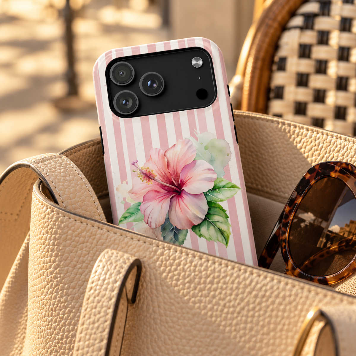 Pink Hibiscus protective phone case, a pink hibiscus on blush stripes, lifestyle photo in a handbag