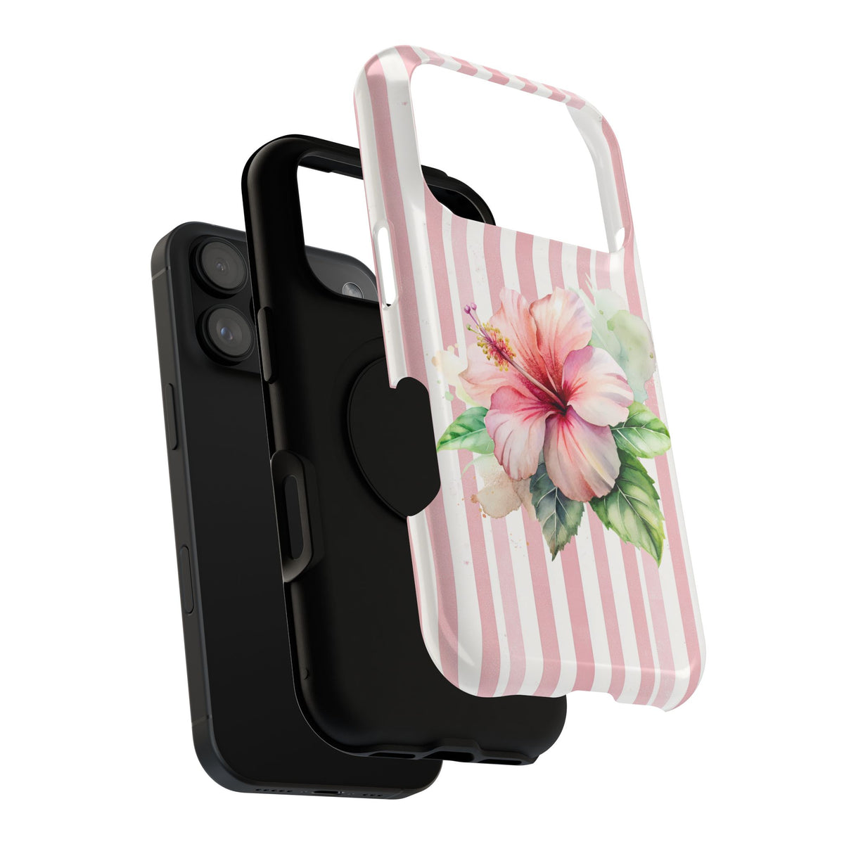 Pink Hibiscus protective phone case, close-up of the dual-layer construction