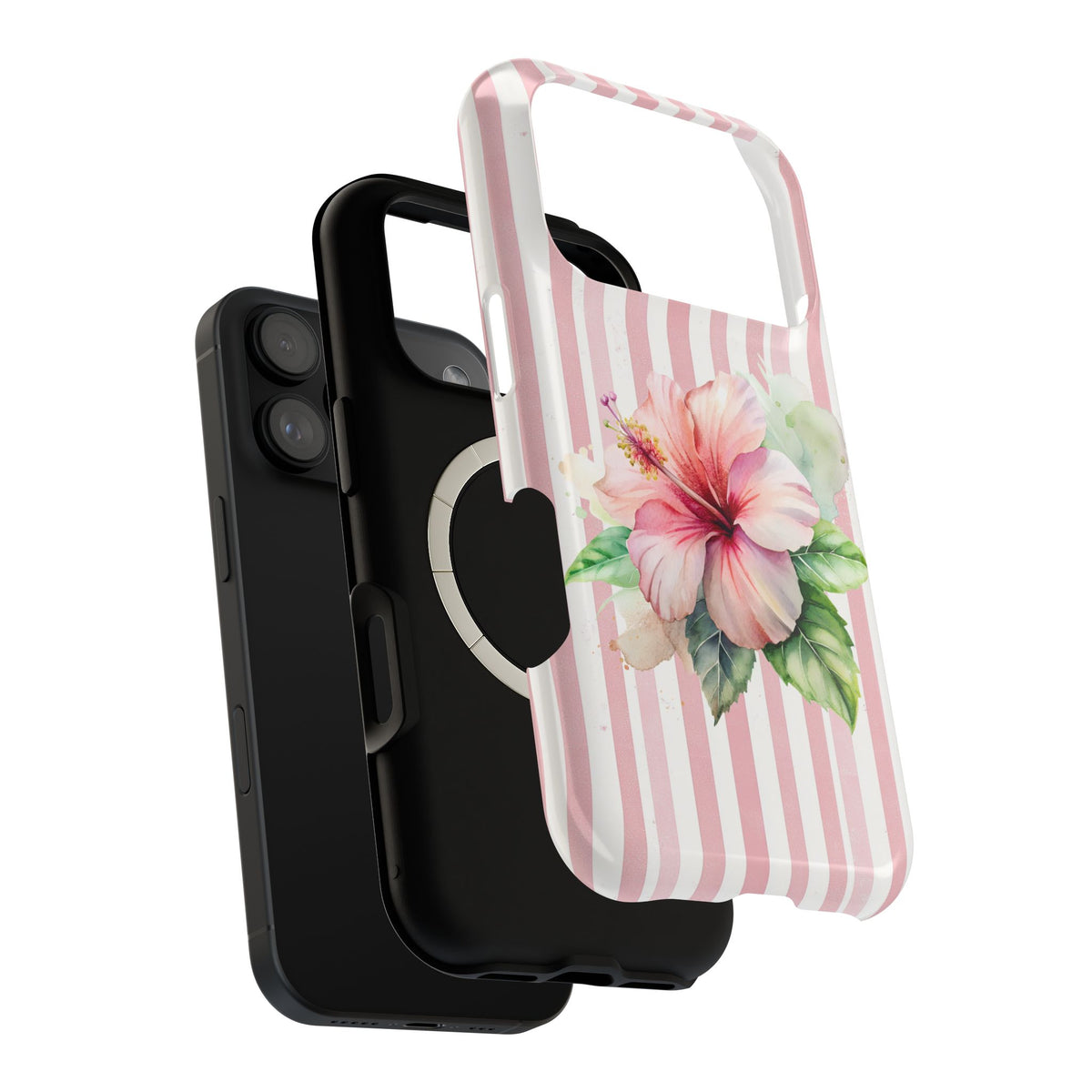 Pink Hibiscus MagSafe case, close-up of the dual-layer construction