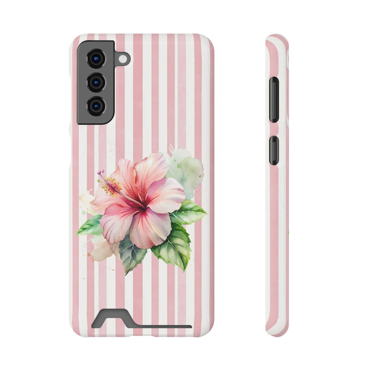 Pink Hibiscus phone case with card holder for Samsung Galaxy S21 Plus, glossy finish