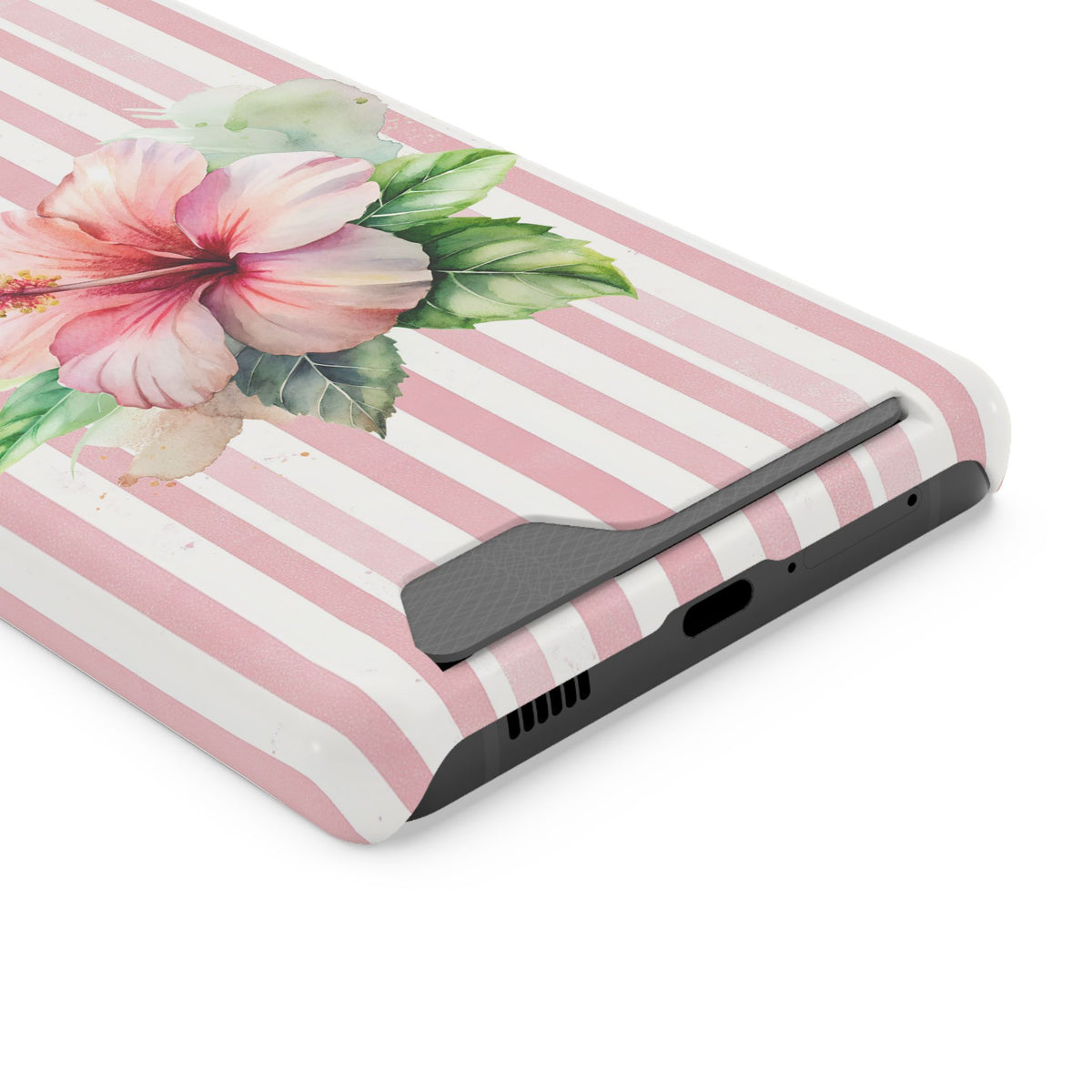 Pink Hibiscus phone case with card holder for Samsung Galaxy S21 Ultra, glossy finish