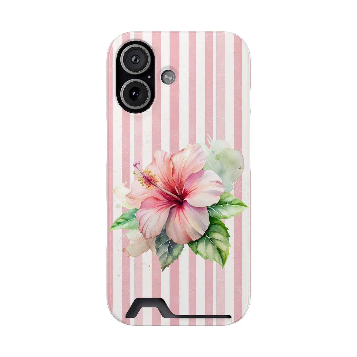 Pink Hibiscus phone case with card holder for iPhone 17, glossy finish