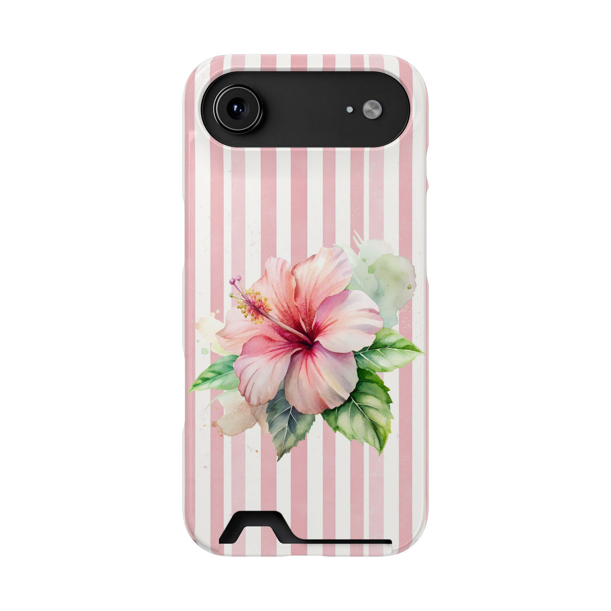 Pink Hibiscus phone case with card holder for iPhone 17 Air, glossy finish