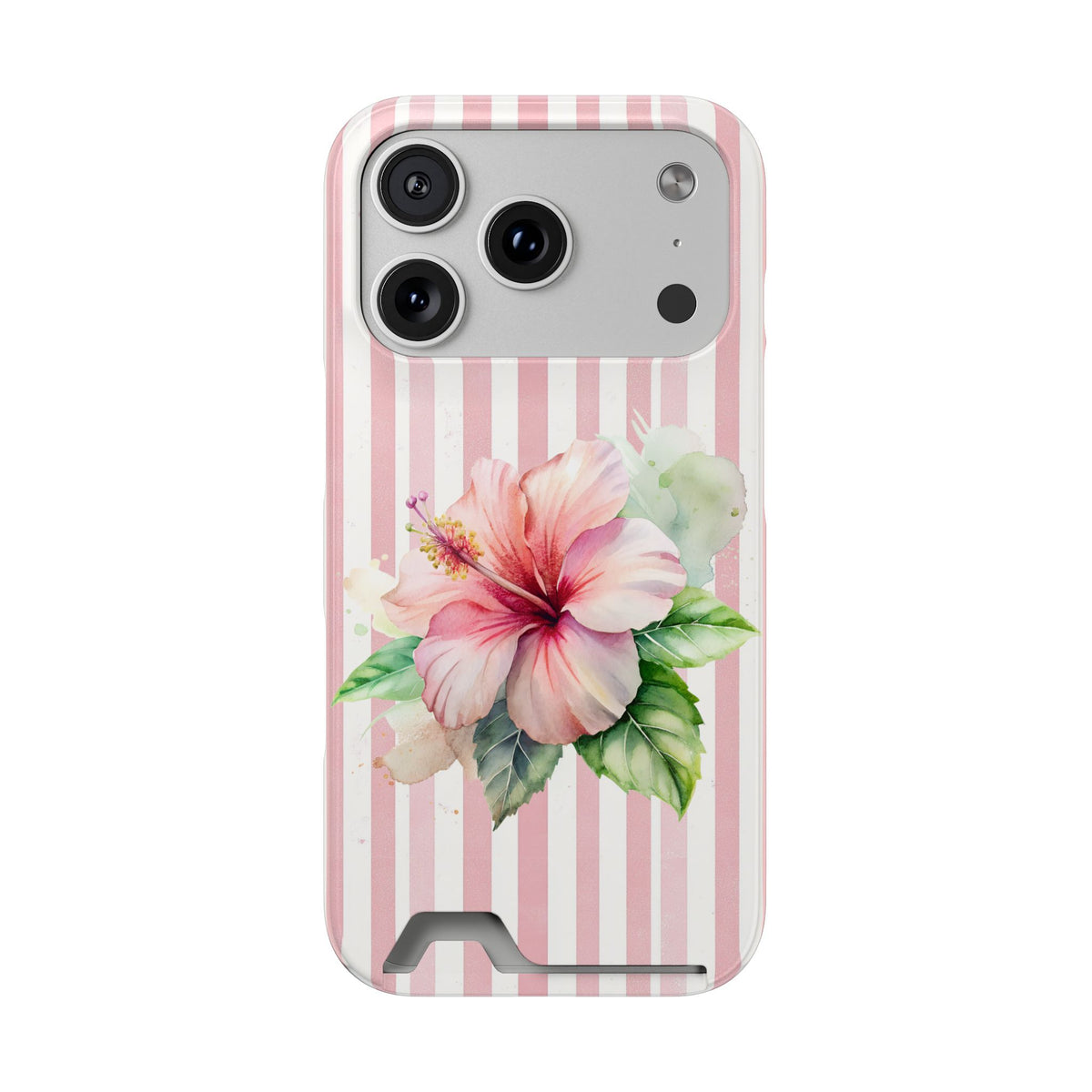 Pink Hibiscus phone case with card holder for iPhone 17 Pro, glossy finish