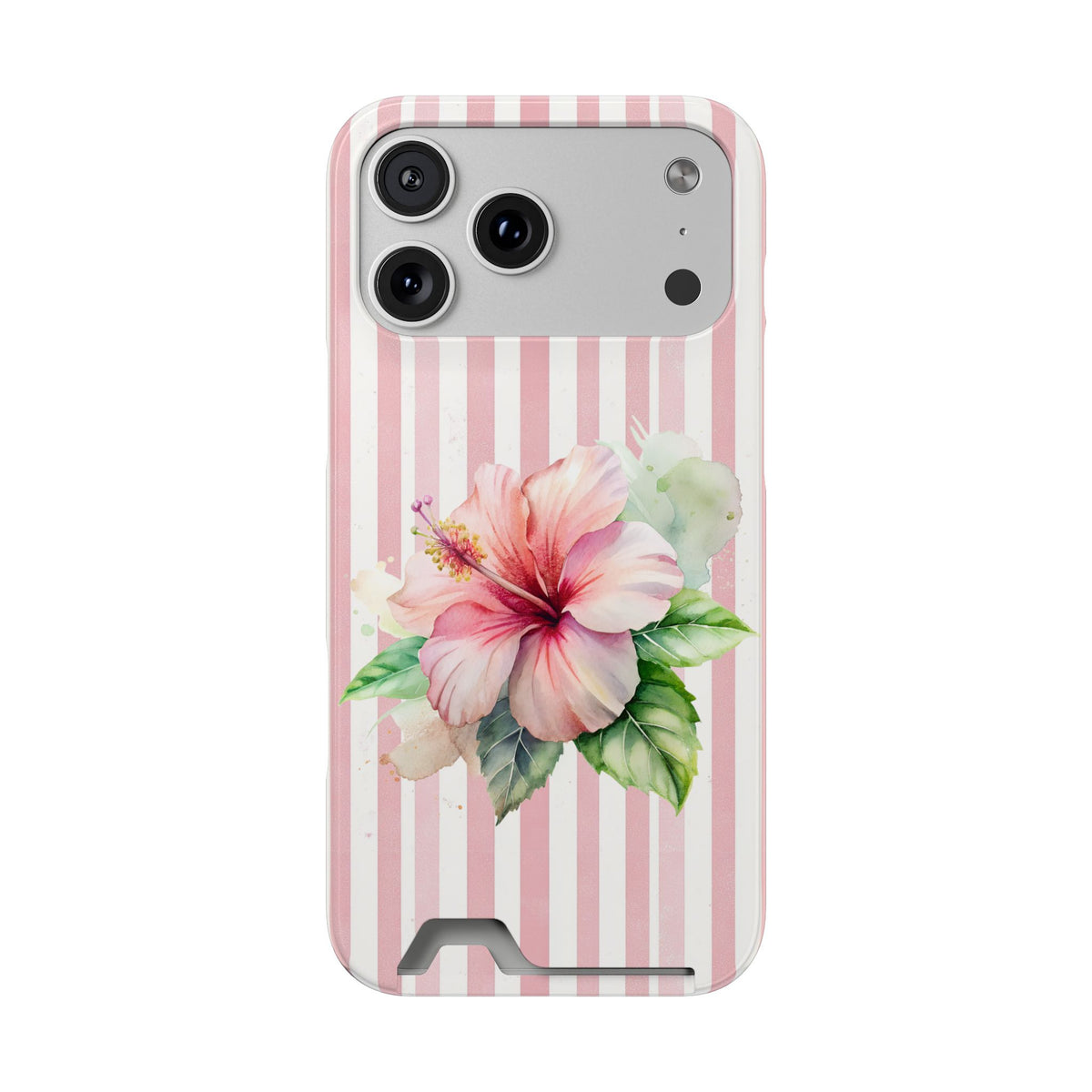 Pink Hibiscus phone case with card holder for iPhone 17 Pro Max, glossy finish