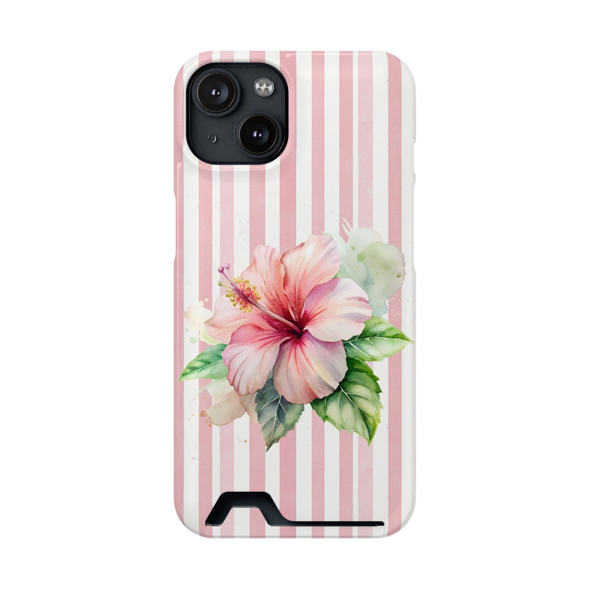 Pink Hibiscus phone case with card holder for iPhone 14, glossy finish