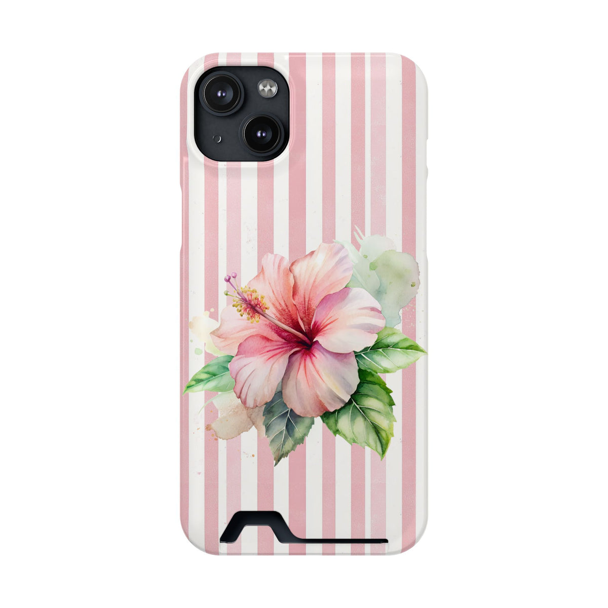 Pink Hibiscus phone case with card holder for iPhone 14 Plus, glossy finish