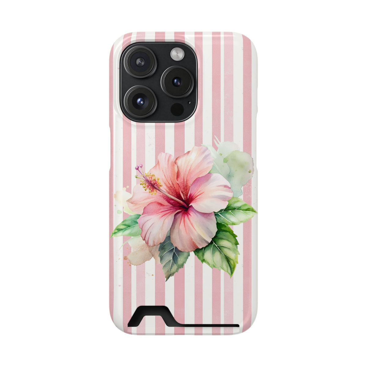 Pink Hibiscus phone case with card holder for iPhone 15 Pro, glossy finish