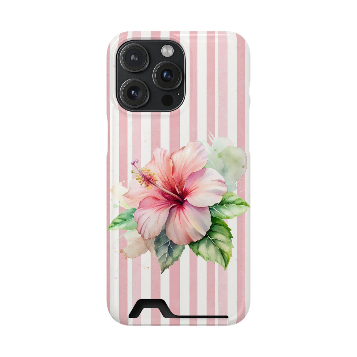 Pink Hibiscus phone case with card holder for iPhone 15 Pro Max, glossy finish