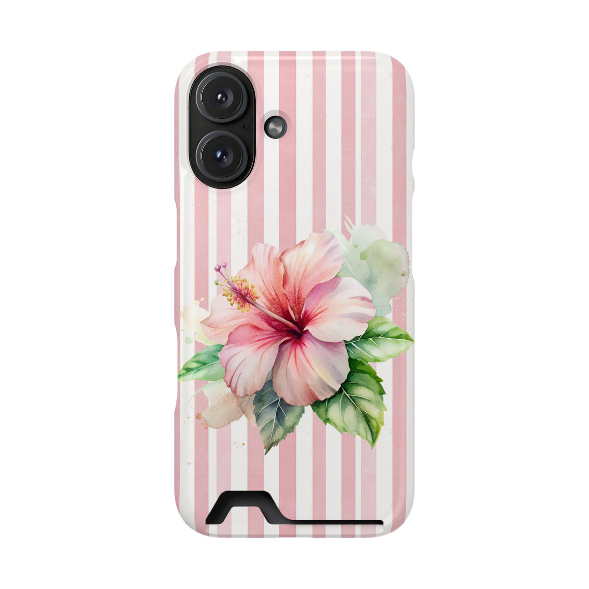 Pink Hibiscus phone case with card holder for iPhone 16, glossy finish