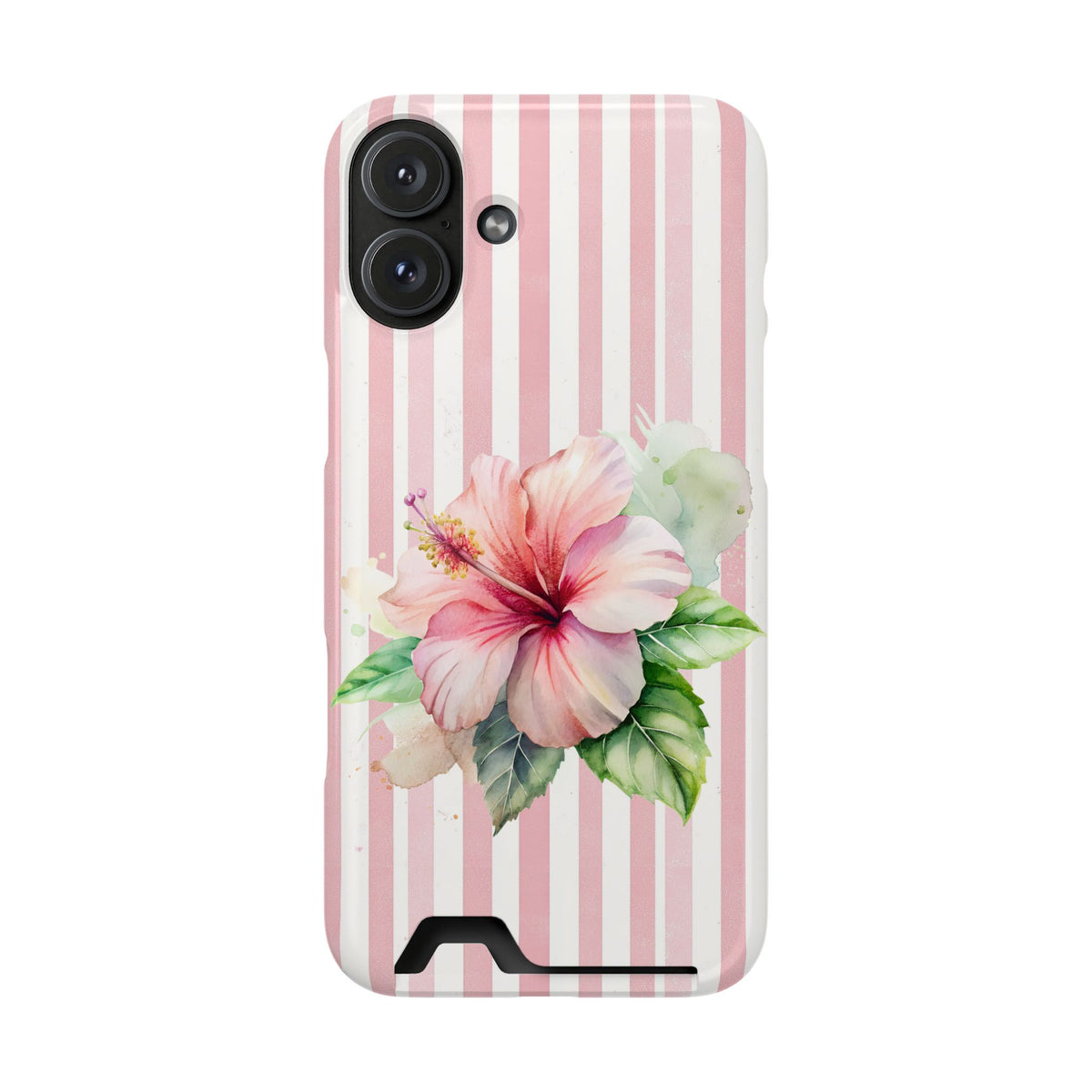 Pink Hibiscus phone case with card holder for iPhone 16 Plus, glossy finish