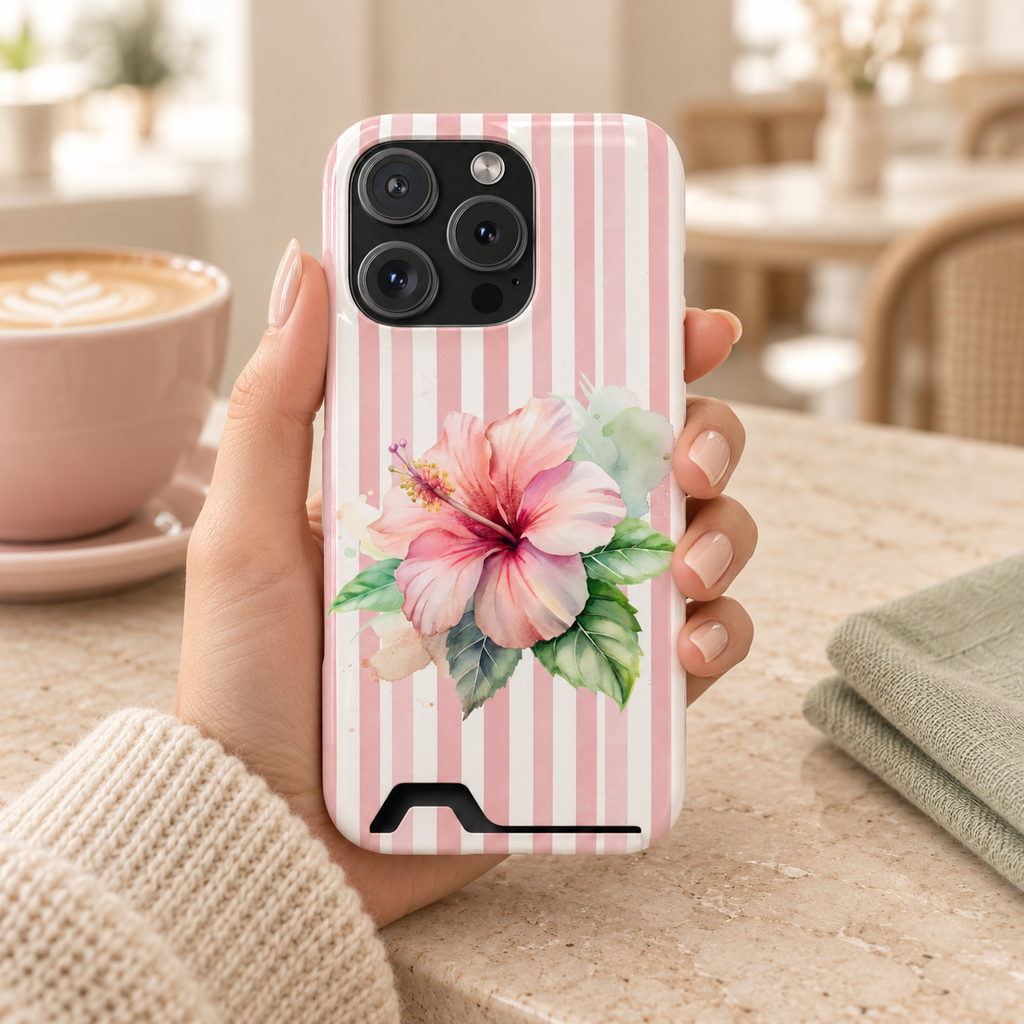Pink Hibiscus phone case with card holder, a pink hibiscus on blush stripes, lifestyle photo in hand with coffee