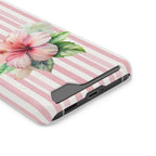 Pink Hibiscus phone case with card holder, close-up of the card slot