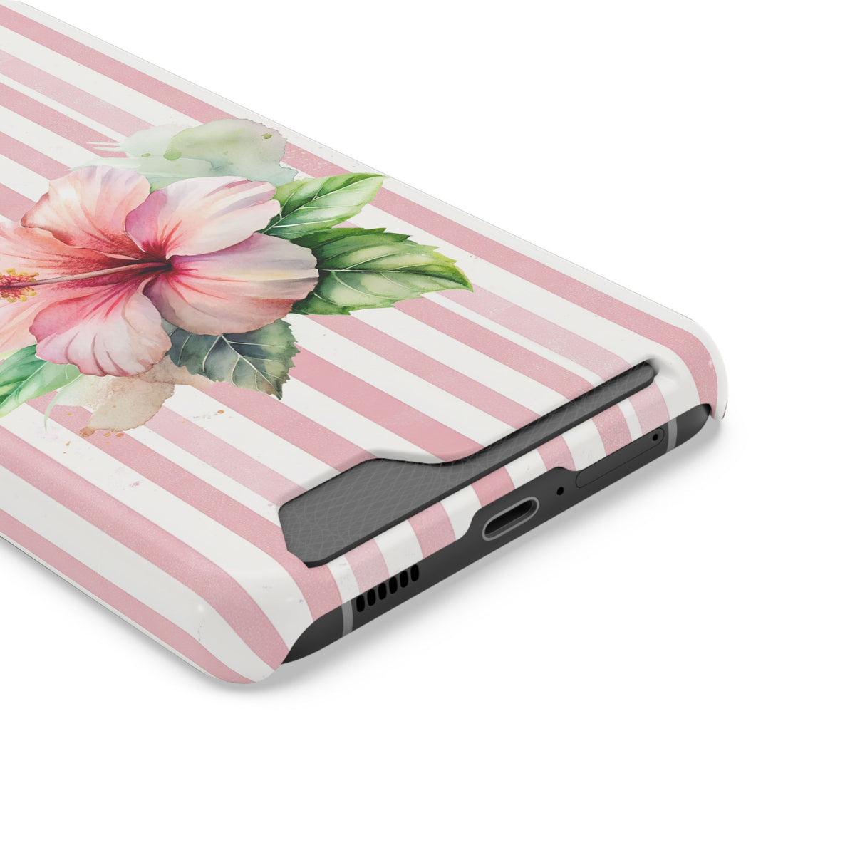 Pink Hibiscus phone case with card holder, close-up of the card slot