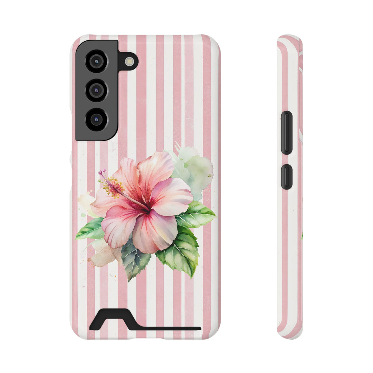 Pink Hibiscus phone case with card holder for Samsung Galaxy S22, glossy finish