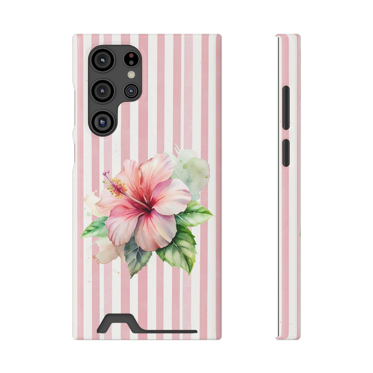Pink Hibiscus phone case with card holder for Samsung Galaxy S22 Ultra, glossy finish