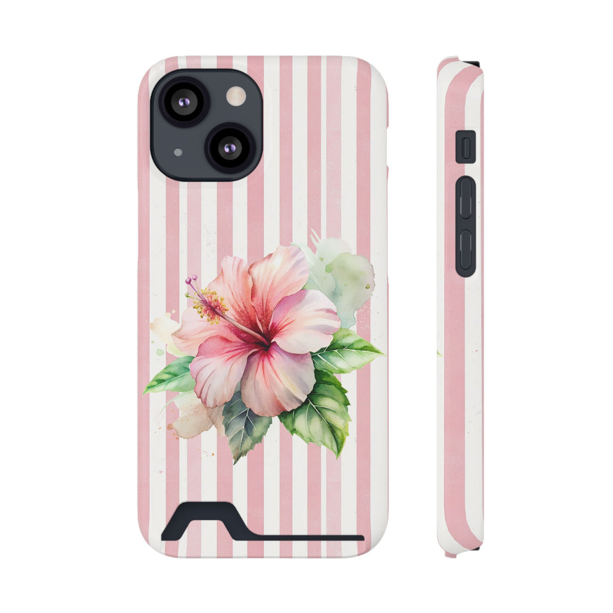 Pink Hibiscus phone case with card holder for iPhone 13 Mini, glossy finish