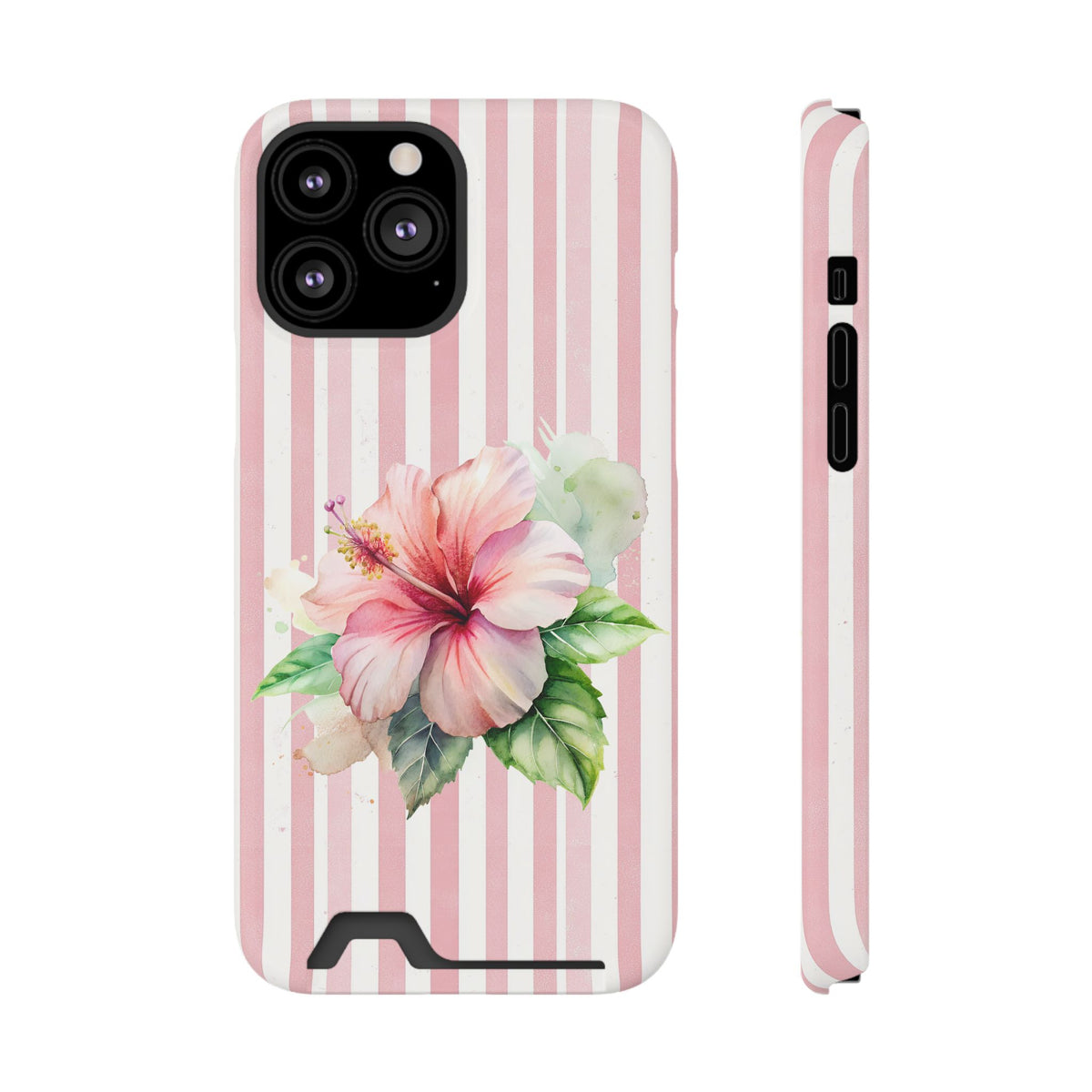 Pink Hibiscus phone case with card holder for iPhone 13 Pro Max, glossy finish