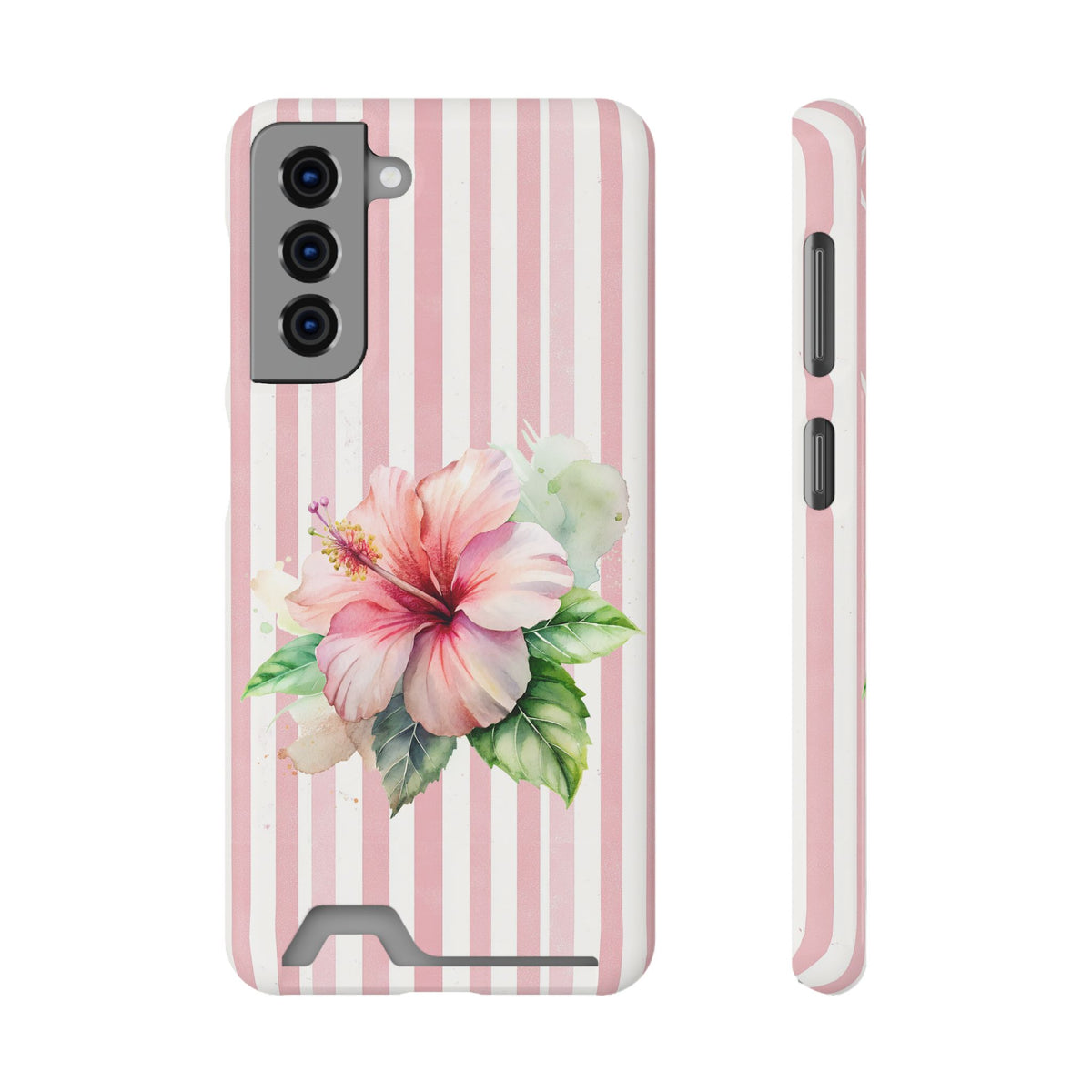 Pink Hibiscus phone case with card holder for Samsung Galaxy S21, glossy finish