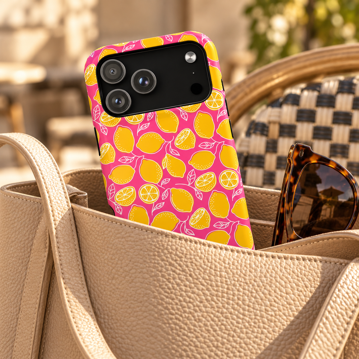 Pink Lemonade protective phone case, yellow lemons on hot pink, lifestyle photo in a handbag