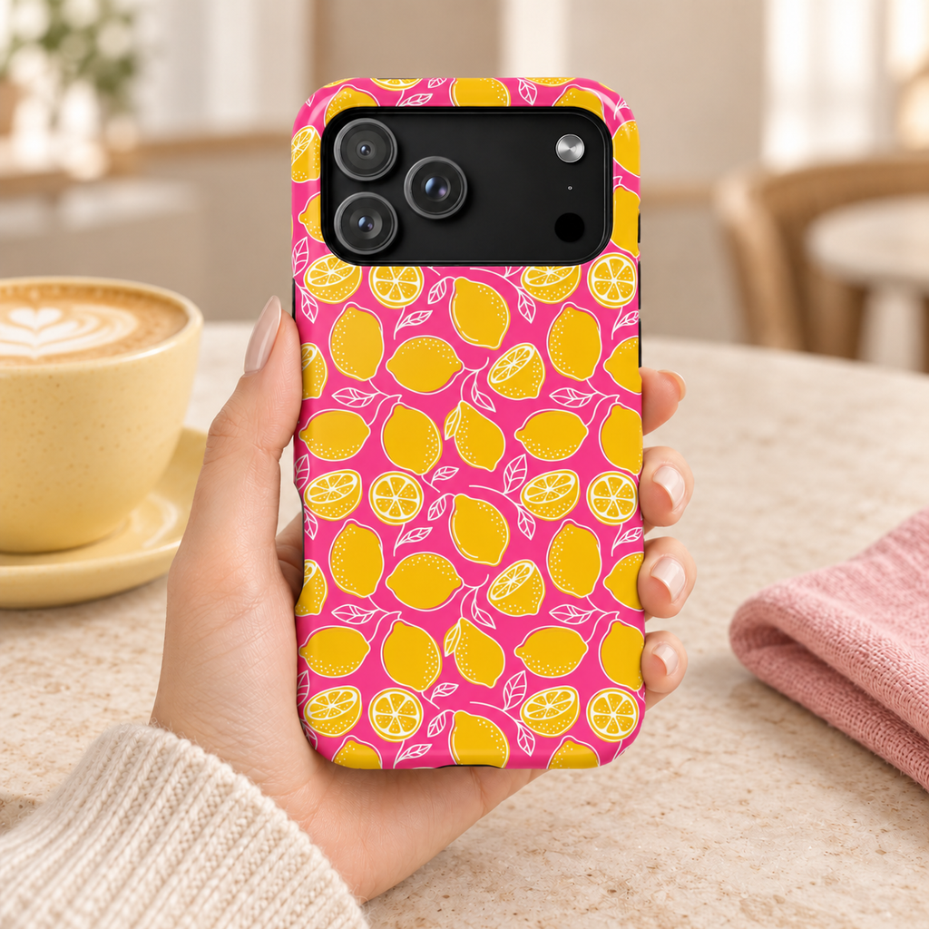 Pink Lemonade MagSafe case, yellow lemons on hot pink, lifestyle photo in hand with coffee
