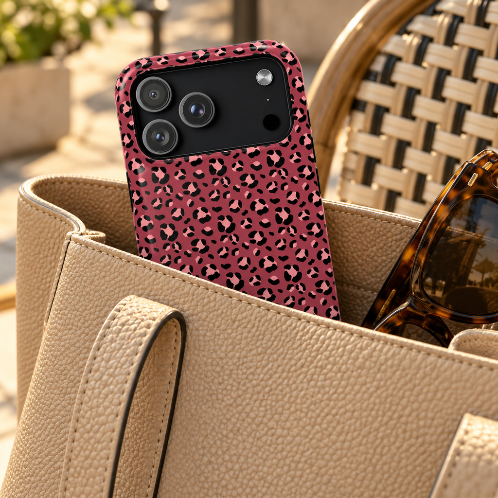 Pink Leopard protective phone case, blush leopard spots on raspberry, lifestyle photo in a handbag